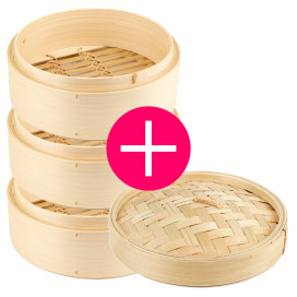 Conjunto de 3 cestas de vapor de bambu 20cm + 1 tampa