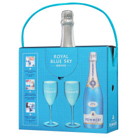 Caixa de presente Champagne Blue Sky Pommery com 2 flûtes polypro