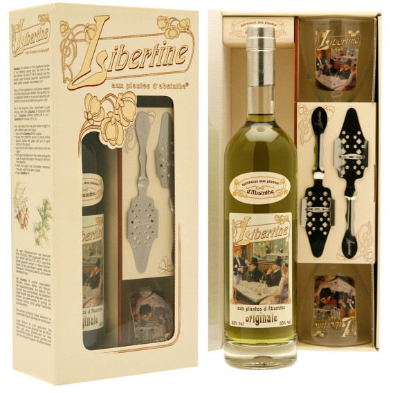 Caixa Original Libertine - Bebidas com plantas de absinto - 55% Caixa garrafa 70cl, 2 copos, 2 colheres